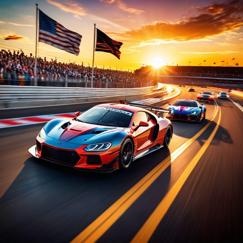 A dynamic and thrilling racing scene showcasing a vivid racetrack with high-speed cars in action. Include a cheering crowd in the background, vibrant flags waving, and the sun setting on the horizon for dramatic lighting. Capture the sense of excitement and speed with motion blur effects on the cars. super-realistic. vibrant colors. dramatic lighting.