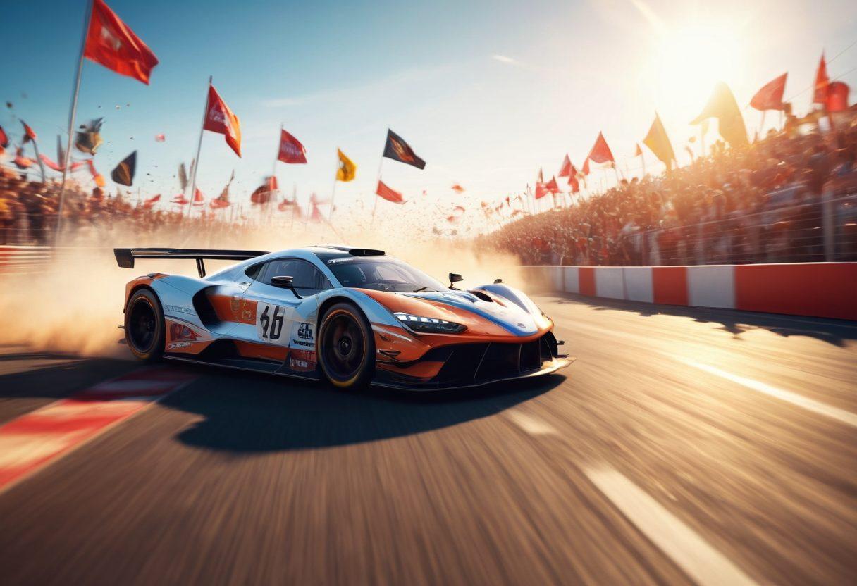 A thrilling race scene featuring dynamic racing cars speeding across a vibrant track, with blurred background to indicate high speed. In the foreground, an excited crowd is cheering, holding flags. The sky is clear with bright sunlight illuminating the scene, enhancing the feeling of adventure and joy. Include elements like tire smoke and motion effects to emphasize speed. super-realistic. vibrant colors. dynamic composition.