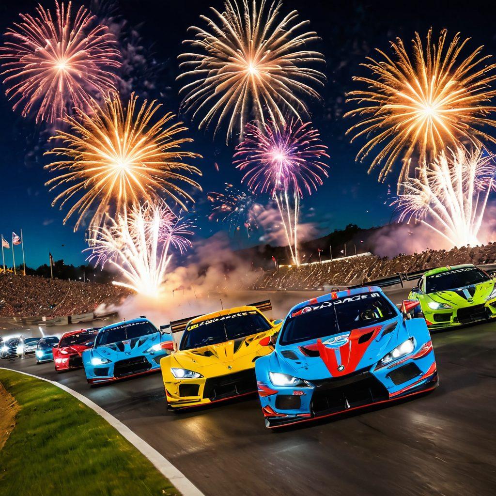 A dynamic scene showcasing diverse racers in vibrant outfits, their cars flying over a steep hill, filled with excitement and adrenaline. Show a backdrop of a cheering crowd, flags waving, and colorful fireworks in the sky, all symbolizing the joy of competition. Emphasize the expressions of thrill and joy on the racers' faces. dramatic lighting, action-packed. vibrant colors. 3D.